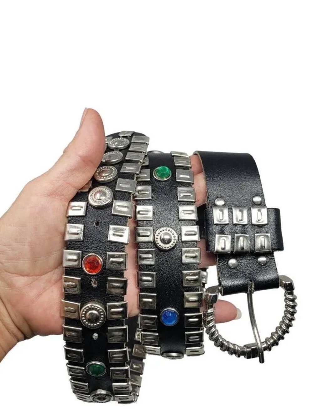Vintage Black Leather Studded Belt Multicolored Jeweled Cabochons Silver Buckle